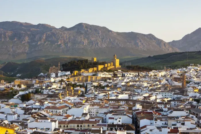 Framed Print : Moorish Alcazaba (castle) & city overview at sunset, Antequera, Malaga Province, Andalusia