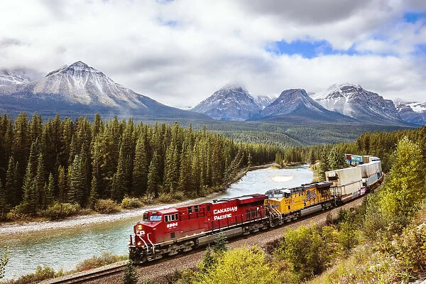 Morants curve with cargo train passing, Banff National Park, Alberta, Canada