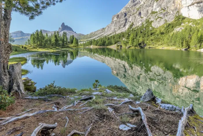 Framed Print : Morning at Federa lake in summer, Cortina d Ampezzo, Belluno, Dolomites, Veneto, Italy