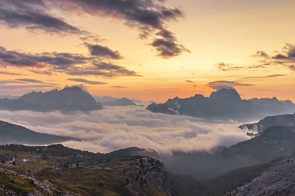 Morning fog covers Cortina d Ampezzo and Boite Valley, Belluno district, Veneto