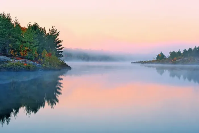 Framed Print : Morning fog at dawn on Lake Laurentian. Autumn. Lake Laurentian Conservation Area. Sudbury, Ontario, Canada Framed Print : Morning fog at dawn on Lake Laurentian. Autumn. Lake Laurentian Conservation Area. Sudbury, Ontario, Canada
