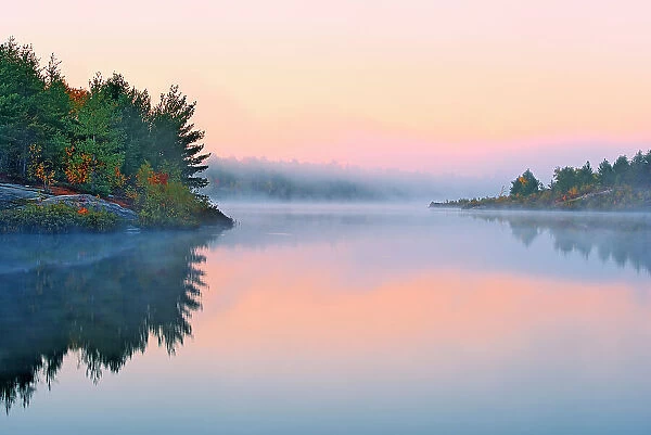 Morning fog at dawn on Lake Laurentian. Autumn. Lake Laurentian Conservation Area. Sudbury Ontario, Canada