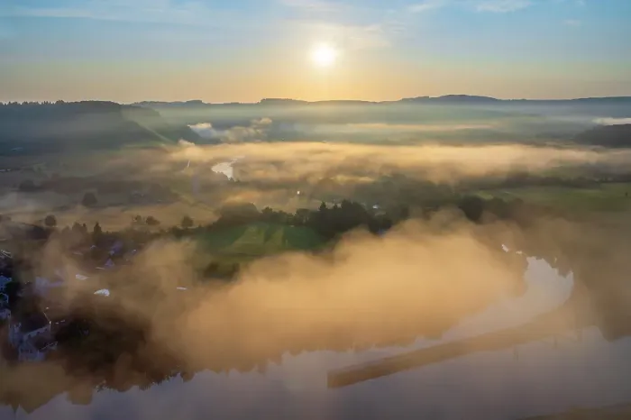 Framed Print : Morning fog above Kanzem and the river Saar, Rhineland-Palatinate, Germany