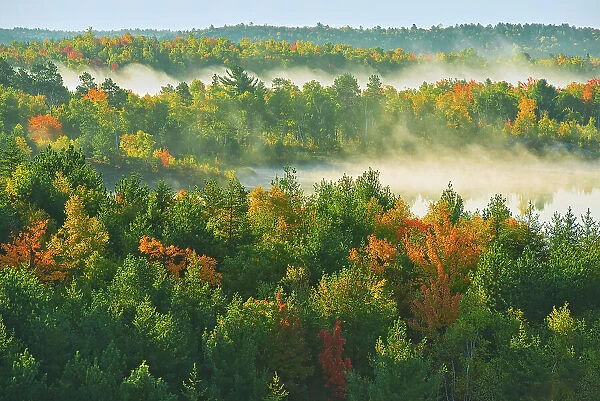 Morning fog on Lake Laurentian. Autumn. Lake Laurentian Conservation Area. Sudbury, Ontario, Canada