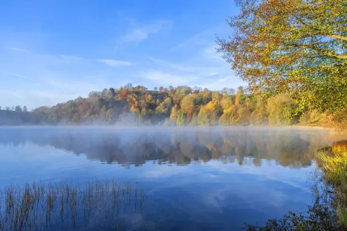 Framed Print : Morning fog at the Weinfelder Maar, Daun, Eifel, Rhineland-Palatinate, Germany Framed Print : Morning fog at the Weinfelder Maar, Daun, Eifel, Rhineland-Palatinate, Germany