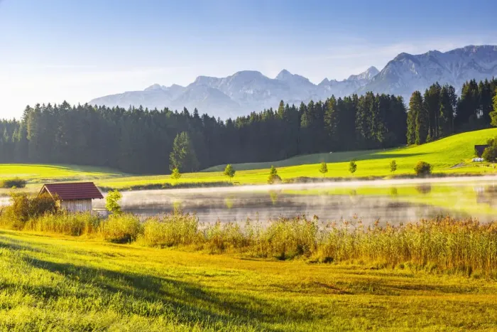 Framed Print : Morning at Lake Attlesee against Breitenberg and Aggenstein, Tannheimer Mountains Framed Print : Morning at Lake Attlesee against Breitenberg and Aggenstein, Tannheimer Mountains