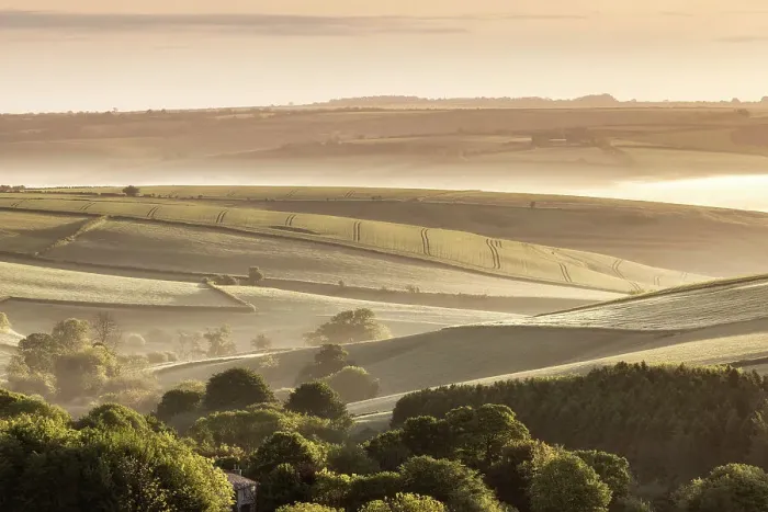 Framed Print : Morning light over countryside near West Compton in west Dorset, England, UK