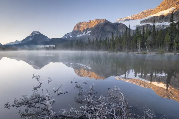 Framed Print : Morning mist burns off the still reflective waters of Bow Lake in the Canadian Rockies Framed Print : Morning mist burns off the still reflective waters of Bow Lake in the Canadian Rockies
