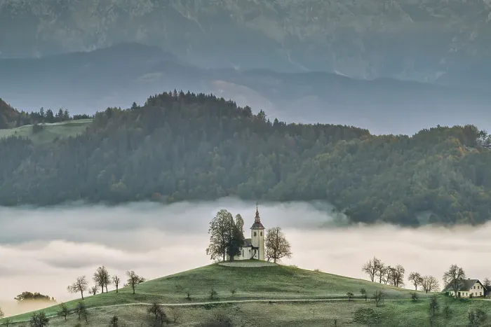 Framed Print : Morning Mist Around Church of St. Thomas, Skofja Loka, Slovenia, Europe Framed Print : Morning Mist Around Church of St. Thomas, Skofja Loka, Slovenia, Europe