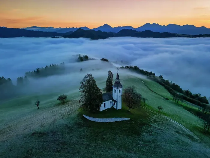 Framed Print : Morning Mist Around Church of St. Thomas, Skofja Loka, Slovenia, Europe Framed Print : Morning Mist Around Church of St. Thomas, Skofja Loka, Slovenia, Europe