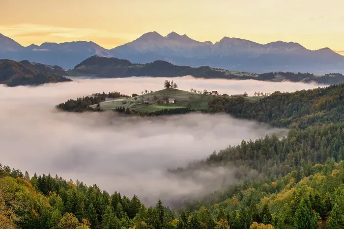 Framed Print : Morning Mist Around Church of St. Thomas, Skofja Loka, Slovenia, Europe Framed Print : Morning Mist Around Church of St. Thomas, Skofja Loka, Slovenia, Europe