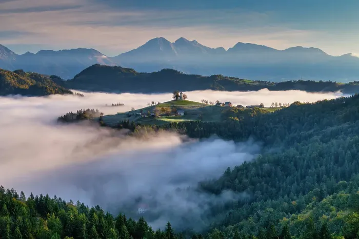 Framed Print : Morning Mist Around Church of St. Thomas, Skofja Loka, Slovenia, Europe Framed Print : Morning Mist Around Church of St. Thomas, Skofja Loka, Slovenia, Europe