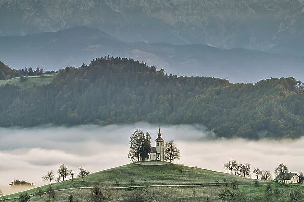 Morning Mist Around Church of St. Thomas, Skofja Loka, Slovenia, Europe