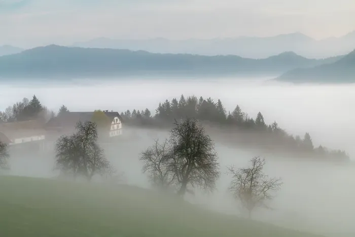Framed Print : Morning Mist Around Farm, Skofja Loka, Slovenia, Europe Framed Print : Morning Mist Around Farm, Skofja Loka, Slovenia, Europe