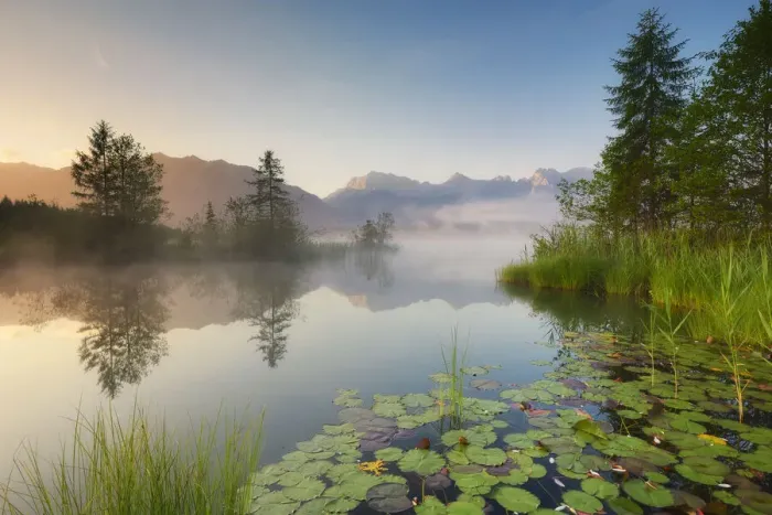 Framed Print : Morning mist at lake Barmsee at sunrise against Karwendel range, Kruen, near Mittenwald Framed Print : Morning mist at lake Barmsee at sunrise against Karwendel range, Kruen, near Mittenwald