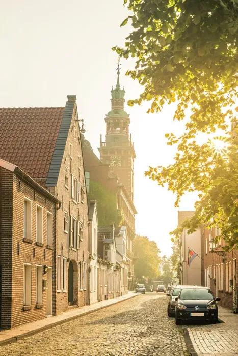 Framed Print : Morning mood in the old town with a view of the town hall, Leer, East Frisia, Lower Saxony, Germany Framed Print : Morning mood in the old town with a view of the town hall, Leer, East Frisia, Lower Saxony, Germany