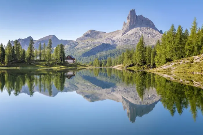 Framed Print : Morning reflection in the quiet water of Federa lake in summer, Cortina d Ampezzo