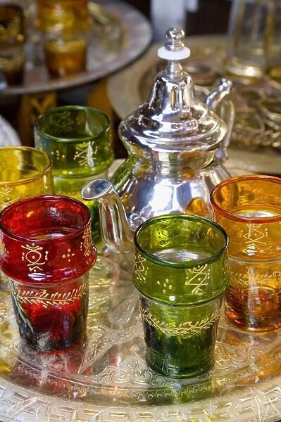 Moroccan silver teapot & glasses, The Souq, Marrakech, Morocco