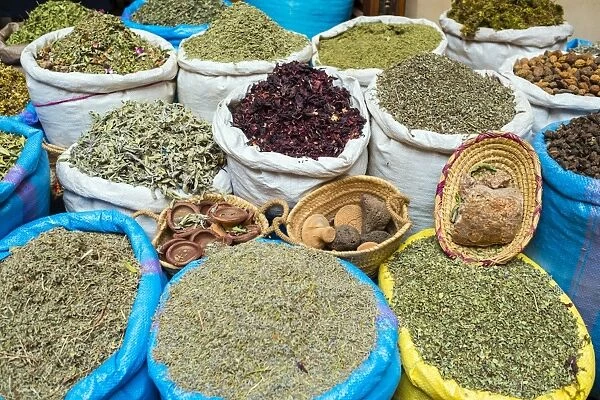 Morocco, Marrakech-Safi (Marrakesh-Tensift-El Haouz) region, Marrakesh. Dried herbs