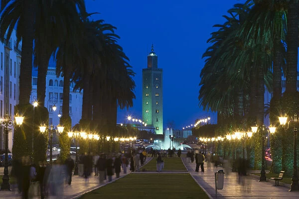 Morocco, Rabat, Evening View of Avenue Mohammed V towards Sunna Mosque