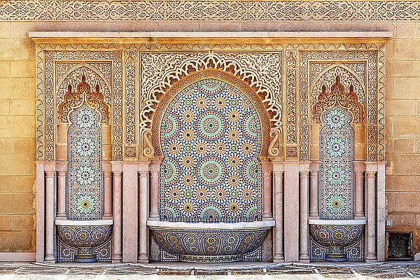 Mosaic tiled fountain in classic arabic style outside of Mosque Hassan II in Rabat, Morocco