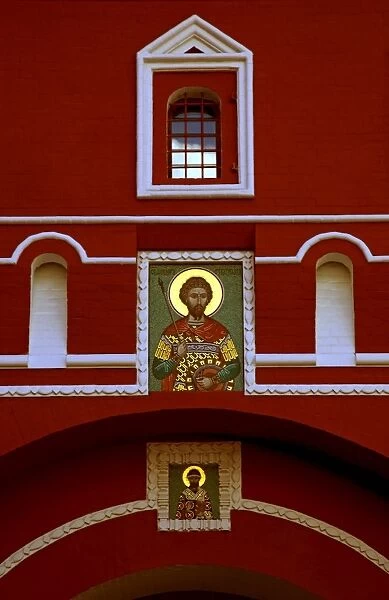 Moscow, Russia; An icon displayed on the Voskresensky Vorota (Resurrection Gate) just upon entering Red