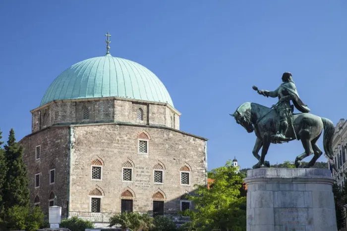 Framed Print : Mosque Church and statue of Janos Hunyadi, Pecs, Southern Transdanubia, Hungary Framed Print : Mosque Church and statue of Janos Hunyadi, Pecs, Southern Transdanubia, Hungary
