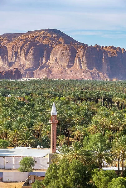 Mosque minaret & Date palms in the Oasis of Al-Ula, Medina Province, Saudi Arabia