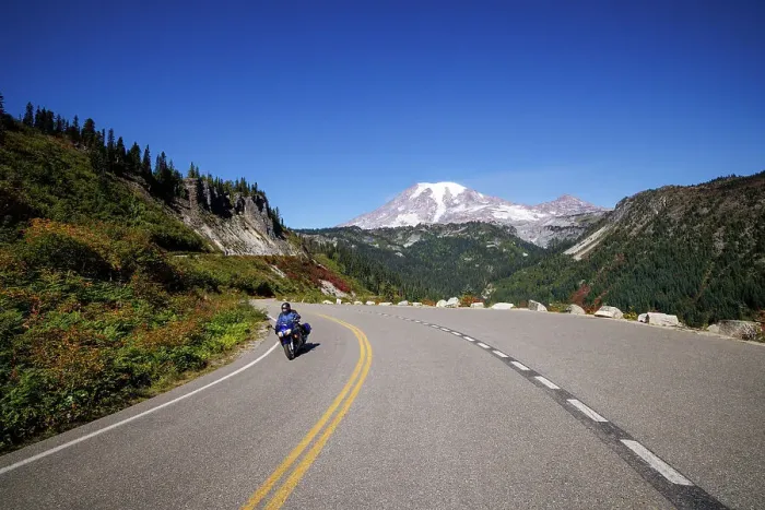 Framed Print : Motorbike on a road to Rainier, Mount Rainier National Park, Washington, USA Framed Print : Motorbike on a road to Rainier, Mount Rainier National Park, Washington, USA