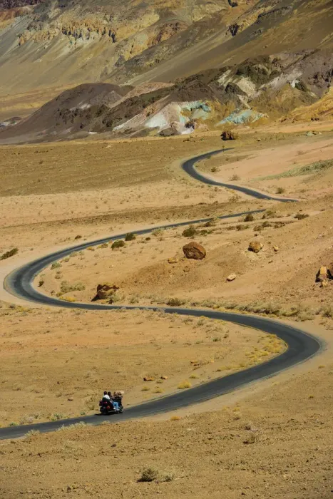 Framed Print : Motorbike on Winding Road, Death Valley National Park, California, USA Framed Print : Motorbike on Winding Road, Death Valley National Park, California, USA