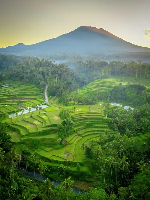 Framed Print : Mount Agung volcano (highest mountain in Bali) and rice terraces, Bali, Indonesia