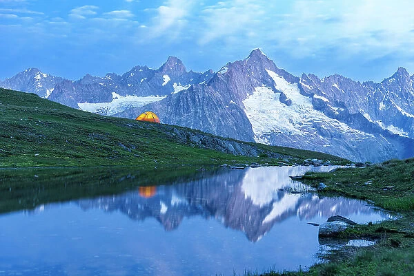 Mount Blanc covered with snow at dusk, Lacs de Fenetre, Ferret valley, Valais canton, Switzerland
