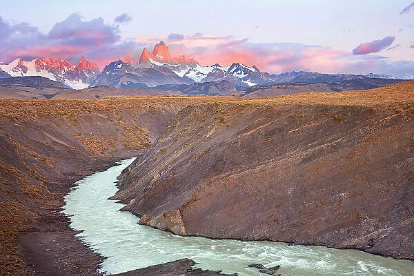 The Mount Fitz Roy at sunrise with the 'Rio de las Vueltas' river in the foreground, El Chalten, Santa Cruz, Patagonia Argentina