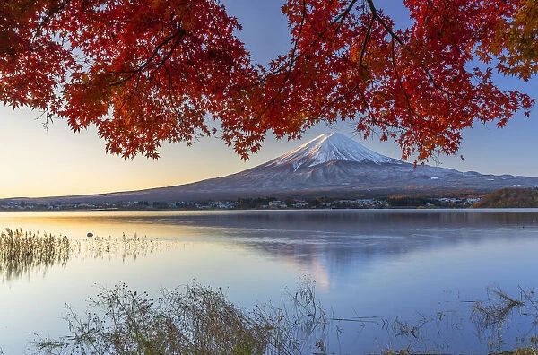 Mount Fuji and Lake Kawaguchi at dawn, Yamanashi Prefecture, Japan