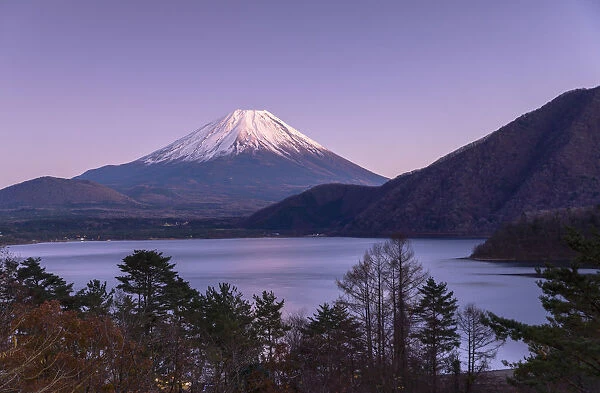 Mount Fuji and Lake Motosu at dusk, Yamanashi Prefecture, Japan
