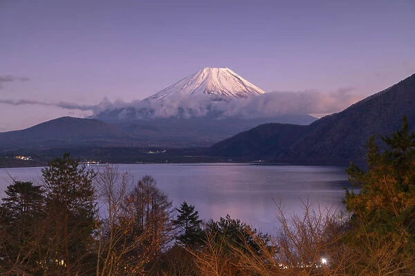Mount Fuji and Lake Motosu at dusk, Yamanashi Prefecture, Japan
