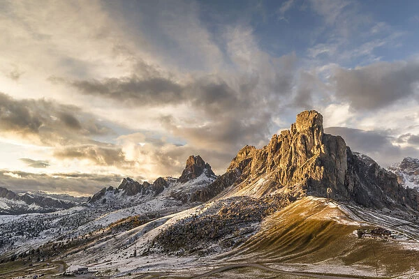 Mount Ra Gusela at sunset, Giau pass, Colle Santa Lucia, Belluno district, Veneto, Italy