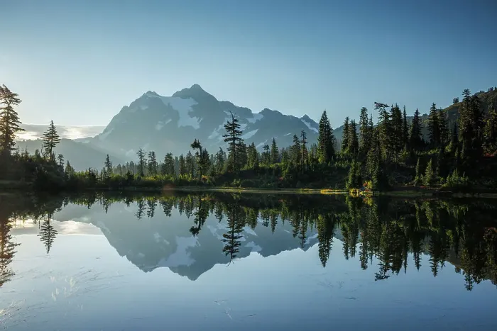 Framed Print : Mount Shuksan reflected in Mirror Lake, North Cascades National Park, Washington, USA