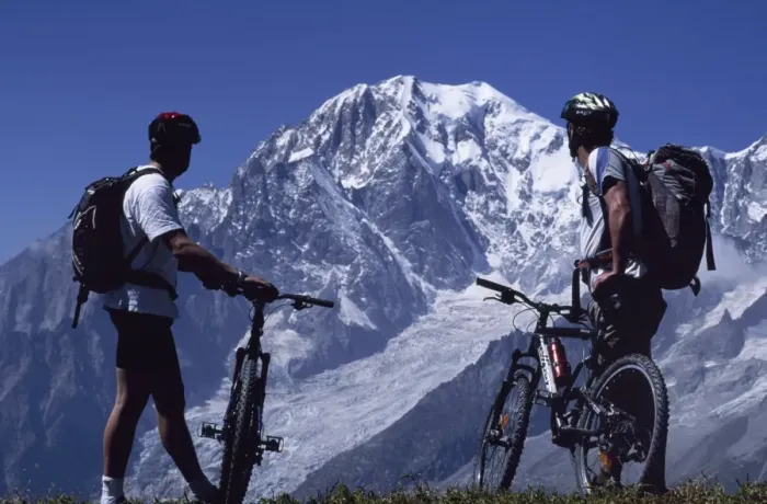 Framed Print : Mountain bikers stop on their circuit of Mont Blanc Framed Print : Mountain bikers stop on their circuit of Mont Blanc