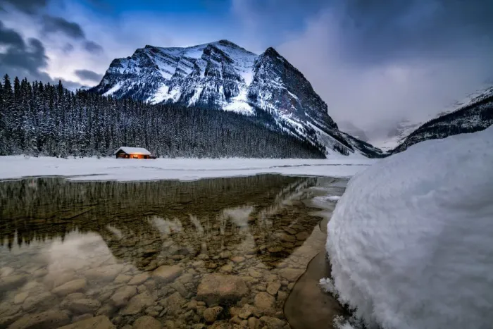 Framed Print : Mountain & Cabin Reflecting in Lake Louise, Alberta, Canada Framed Print : Mountain & Cabin Reflecting in Lake Louise, Alberta, Canada