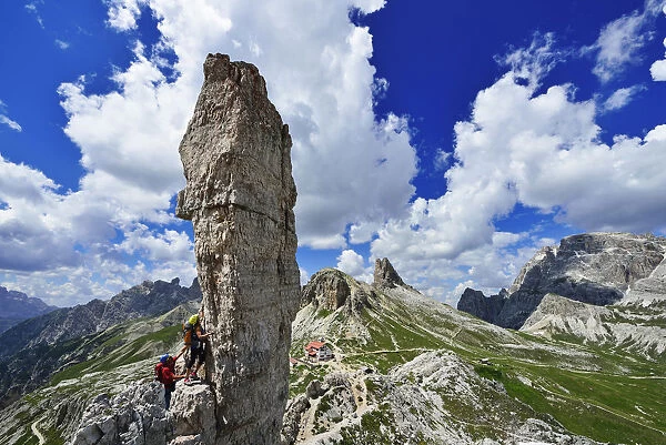 Mountain Climbing at the pinnacle frankfurters, Sexten Dolomites, Alta Pusteria, South