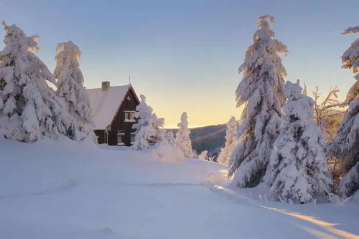 Framed Print : mountain cottage in deep snow-covered winter landscape at Fichtelberg at sunset Framed Print : mountain cottage in deep snow-covered winter landscape at Fichtelberg at sunset