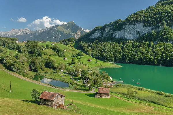 Mountain lake Seeli with a view to Fronalpstack, Canton Uri, Lake Lucerne, Switzerland