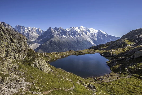 Mountain range of Mont Blanc from Lac De Cheserys. Haute Savoie. France Europe