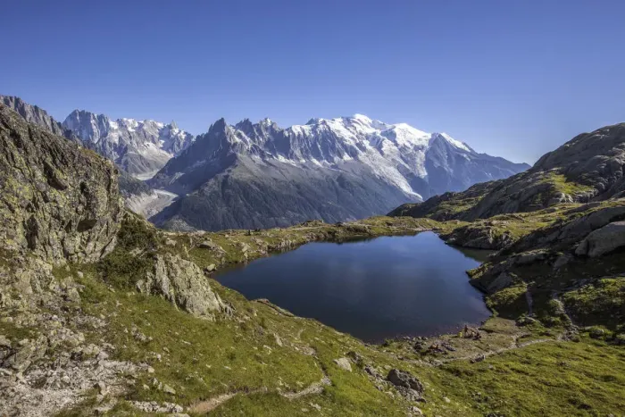 Framed Print : Mountain range of Mont Blanc from Lac De Cheserys. Haute Savoie. France Europe Framed Print : Mountain range of Mont Blanc from Lac De Cheserys. Haute Savoie. France Europe