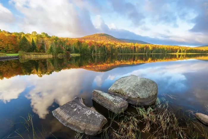 Framed Print : Mountain reflection on Noyes Pond (aka Seyon Pond) in autumn with rocks, Groton, Vermont, USA Framed Print : Mountain reflection on Noyes Pond (aka Seyon Pond) in autumn with rocks, Groton, Vermont, USA