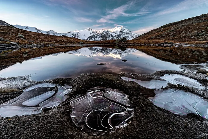 Framed Print : Mountain reflections with icy shapes, Val Cedec, Valtellina, Lombardy, Italy Framed Print : Mountain reflections with icy shapes, Val Cedec, Valtellina, Lombardy, Italy