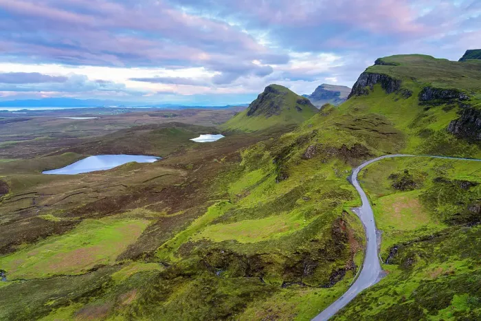 Framed Print : Mountain road on Quiraing at sunset, Isle of Skye, Highland Region, Scotland, United Kingdom