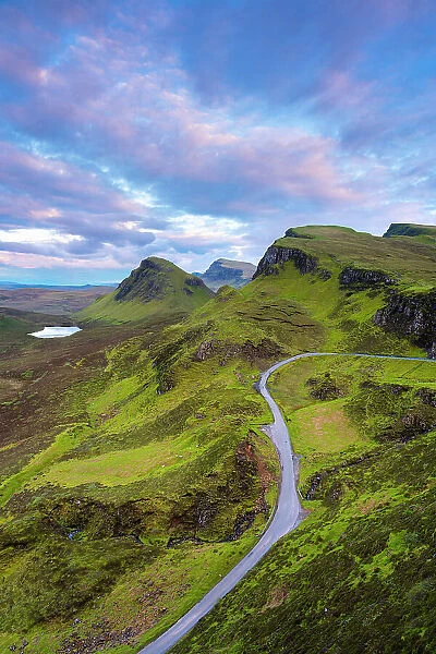Mountain road on Quiraing at sunset, Isle of Skye, Highland Region, Scotland, United Kingdom