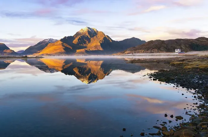 Framed Print : Mountains and a house in a Fjord during sunset, Leknes, Vestvagoy, Nordland, Lofoten Islands, Norway Framed Print : Mountains and a house in a Fjord during sunset, Leknes, Vestvagoy, Nordland, Lofoten Islands, Norway